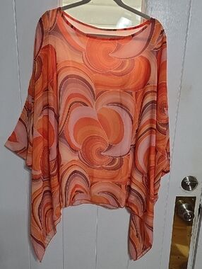 Women's Caftan Style Blouse White Stretch Tank Orange Swirls Angled Hem Sz 3XL